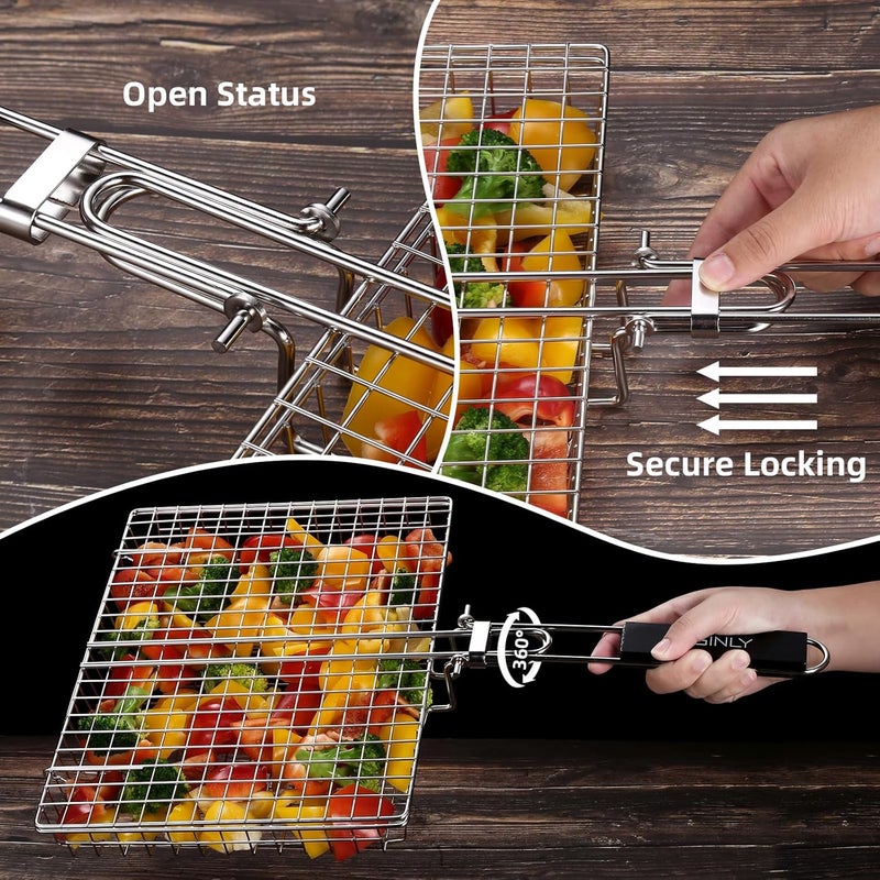 Eisinly Portable Grill Basket, BBQ Grilling Basket for Outdoor Grill with Removable Handle, Stainless Steel Camping Cooking Grill Accessories for Chicken Fish Vegetable - Image 5
